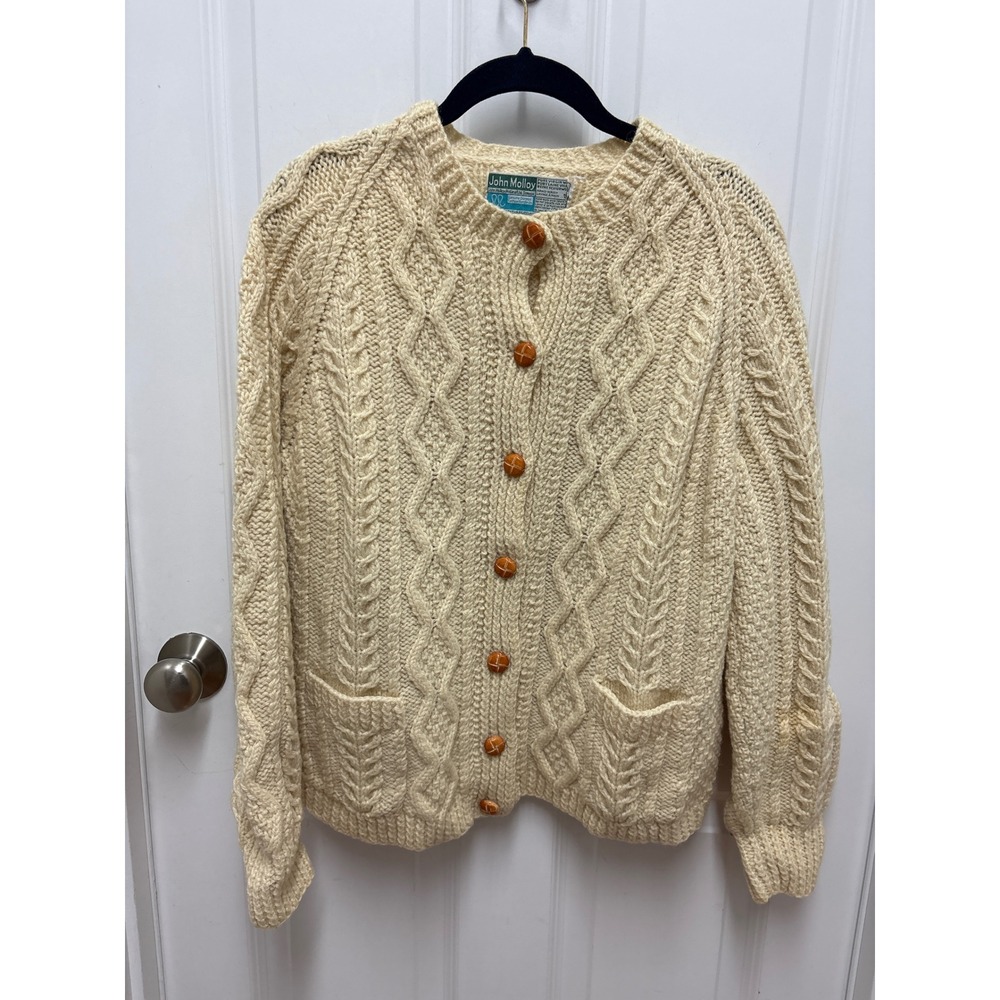 John Molloy Ireland Handknit Pure Wool Aran Fisherman Cardigan Cream Ivory
